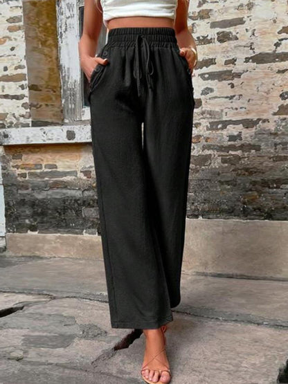 Tied High Waist Wide Leg Pants with Pockets